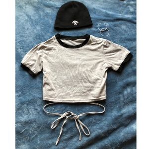 NWOT Gray Crop Top w Black Hems & String Tie